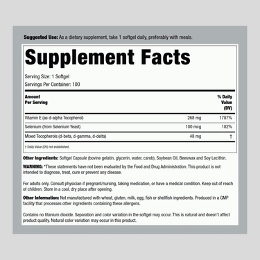 Supplement Facts for Now E-400 Mixed + Selenium, detailing contents of 100 softgels.