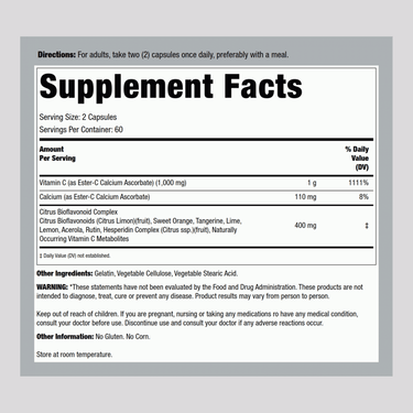 Supplement Facts for Amer Health Ester C with Citrus Bioflavonoids 500 mg, 120 capsules.