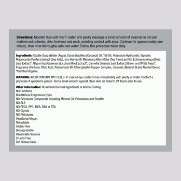 Label with directions, ingredients, and warnings for Desert Ess Thoroughly Clean Face Wash/Kelp 8.5 oz.