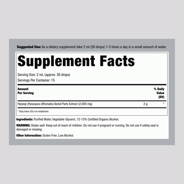Supplement Facts for Nature's Answer Hyssop Liquid Extract 1 OZ.