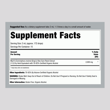Supplement Facts panel for Nature's Answer Myrrh Gum Liquid Extract, 1 fl oz bottle.