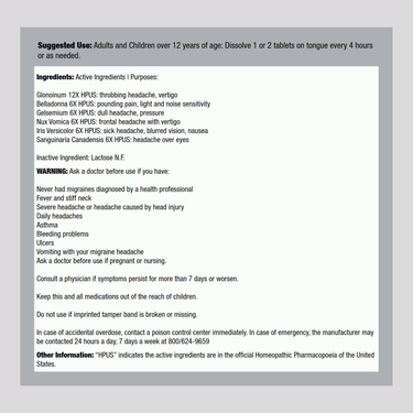Migraine Headache Relief Homeopathic Formula, 100 Tablets
