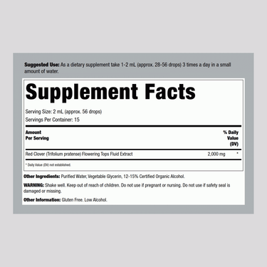 Supplement Facts for Red Clover Liquid 1 oz bottle.