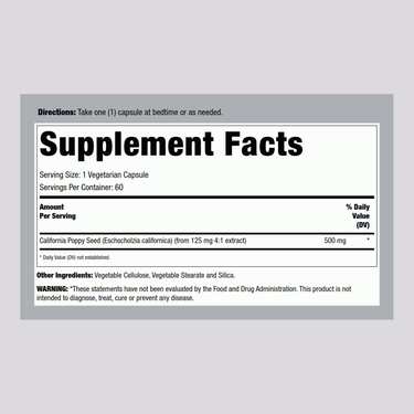 Supplement Facts for Bio Nutrition California Poppy VC 60 tablets.