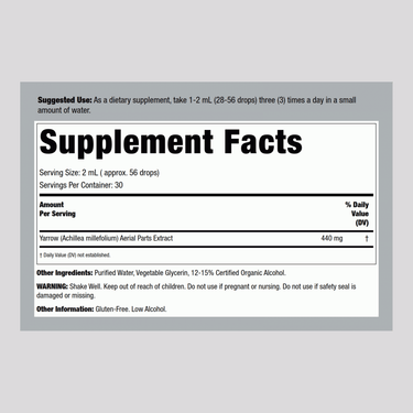 Supplement Facts for Nat Answer Yarrow Flowers Liquid Extract, 1 fl oz, detailing contents.