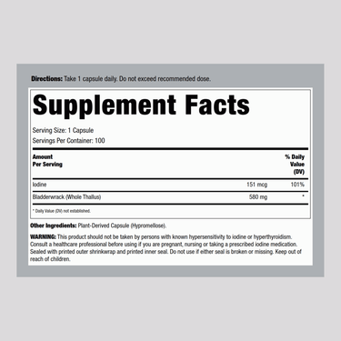Supplement Facts label for Nature's Way Bladderwrack, detailing nutritional information and ingredients.