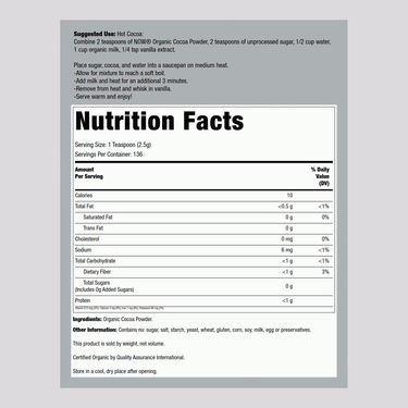 Supplement Facts panel for Now Cocoa Powder, 12 oz, includes ingredients, nutritional values, and serving size information.