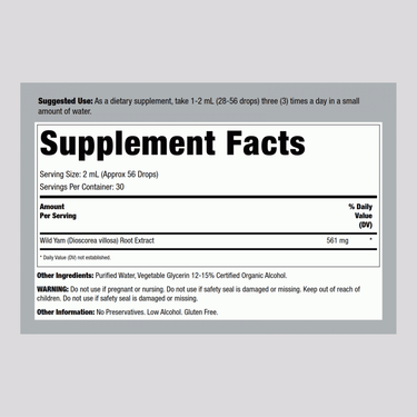 Supplement Facts panel for Nature's Answer Wild Yam Liquid Extract, 2 fl oz, providing detailed ingredient information.