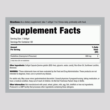 Pantethine (Coenzyme A), 600 mg, 60 Softgels
