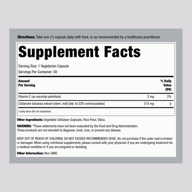 Supplement Facts panel for Standardized Cistanche, showing details for 30 vegetarian capsules.