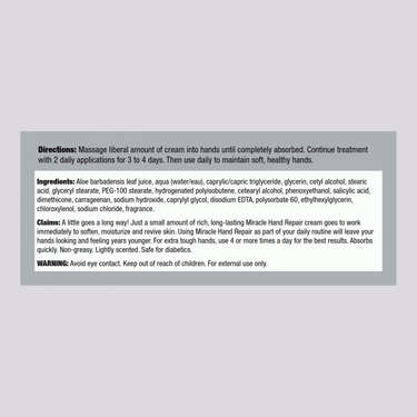 Supplement Facts panel for Mir of Aloe Miracle Hand Repair 8oz Tube.