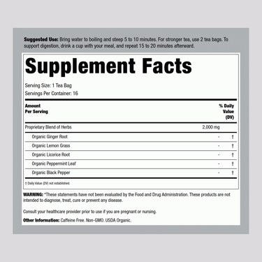 The Supplement Facts panel for Yogi Ginger Tea, detailing nutritional information for a package containing 16 bags.