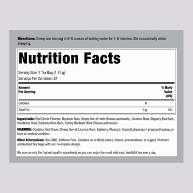 Shows the Supplement Facts panel for Ojibwa Herbal Cleansing Tea Bags.