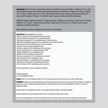 Supplement Facts for MediNatura T-relief, 100 tablets.