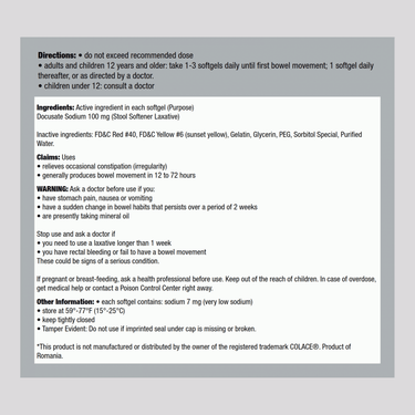 Stool Softener Docusate Sodium 100 mg, Compare to Colace , 100 Softgels