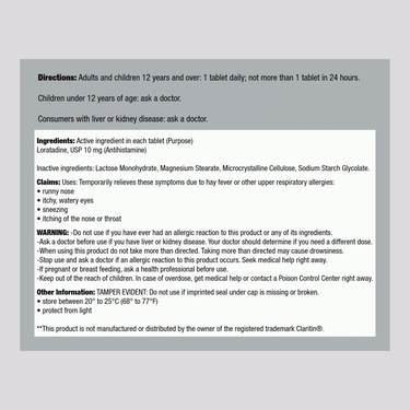 Supplement Facts for Geri-Care Loratadine 10mg with 30 tablets detailed.