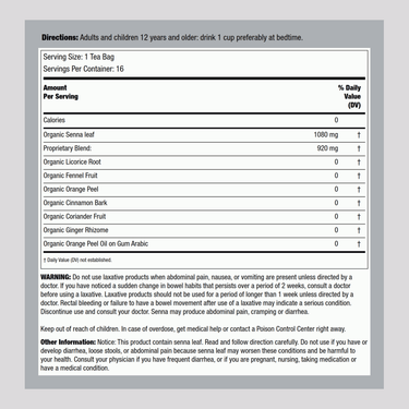 Supplement Facts panel for Smooth Move Laxative Tea 16 bags, detailing ingredients and nutrition information in a formatted table.