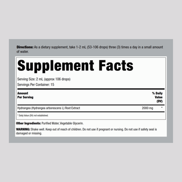 The Supplement Facts panel for Hydrangea Root Low Alcohol, 1 fl oz, provides dosage and ingredient details.