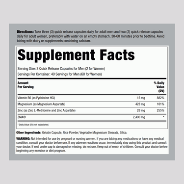 Supplement Facts panel displaying details for FL ZMA 120 Capsules, including nutrition information and serving size.