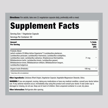 Details of the Supplement Facts panel for LN Probiotic 25 Billion, 50 Capsules.