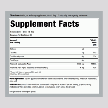Supplement Facts panel for a 15.2 fl oz bottle of Liquid Vitamin C.