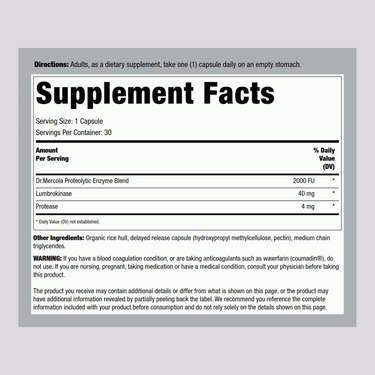 This is the Supplement Facts panel for Lumbrokinase 30 capsules.