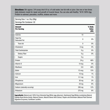 Supplement Facts for 100% Egg Protein - Vanilla Ice Cream, 2 lbs (907 g) bottle.