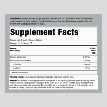 Supplement Facts panel for Creatine Pump, 120 capsules, detailing ingredients, serving size, and nutritional information.