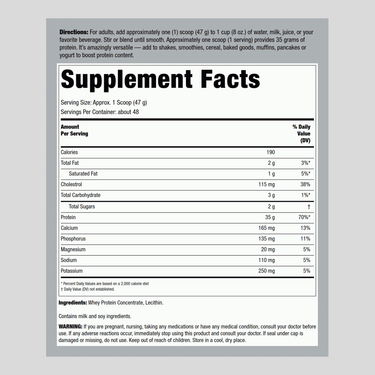 Supplement Facts panel for Fitness Labs Whey Protein, Unflavored, 5 lb container.