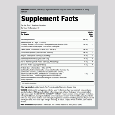 Supplement Facts panel detailing LN Complete Digestant Multi Enzyme ingredients and nutritional information.