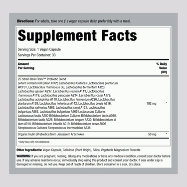 Probiotic 25 Strains 60 Billion plus Prebiotic, 33 Vegan Capsules