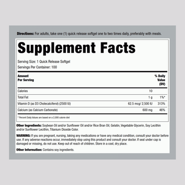 Supplement Facts label for Calcium 600 mg with Vitamin D3 200 IU, showing 100 Softgels.