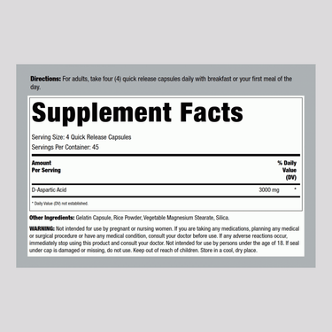 D-Aspartic Acid, 3000 mg (per serving), 180 Quick Release Capsules