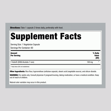 Image of 7-KETO 100MG 60 VegCaps Supplement Facts panel.