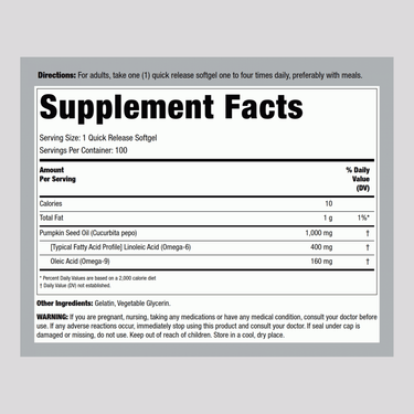 Pumpkin Seed Oil, 1000 mg, 100 Quick Release Softgels