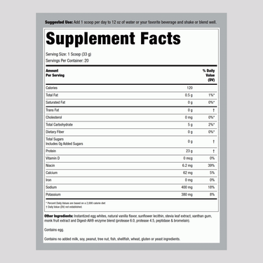 The Supplement Facts panel for Egg White Protein Vanilla, weighing 24 oz.