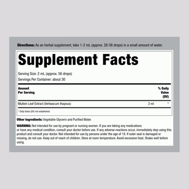 This is the Supplement Facts panel for Horbaach Mullein Leaf Liquid Extract AF 2 fl oz.
