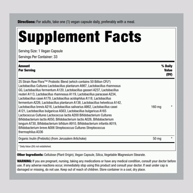 Supplement Facts for Raw Flora 50 Billion with 33 capsules.
