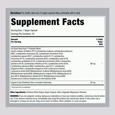 Supplement Facts panel for Raw Flora with 30 billion CFUs and 33 capsules.
