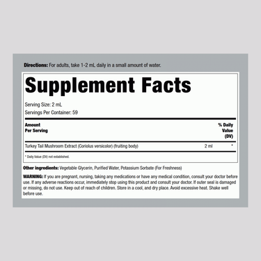 Supplement Facts panel for a 4 fl oz bottle of Turkey Tail Mushroom Liquid Extract.