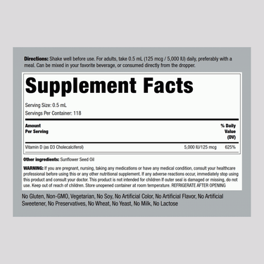 Liquid Vitamin D3, 5000 IU, 2 fl oz (59 mL) Dropper Bottle