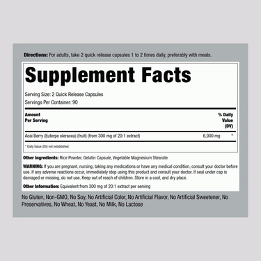 Supplement Facts for Acai 6000 mg Capsules, 180 count.
