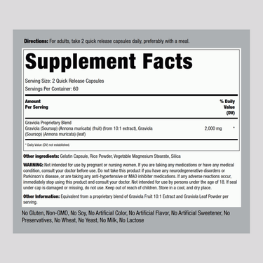 Graviola Soursop, 2000 mg (per serving), 120 Quick Release Capsules