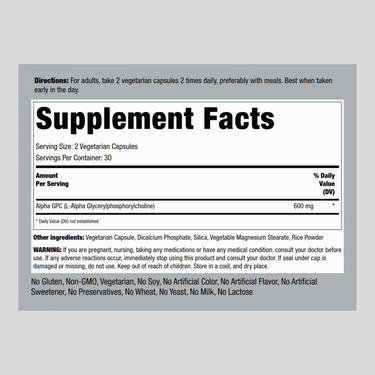 Supplement Facts panel displaying details for Alpha GPC 600 mg Vegetarian Capsules, 60 pieces in the bottle.