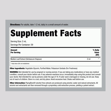 Mullein Leaf Liquid Extract AF 4 fl oz (118mL) Supplement Facts panel description.