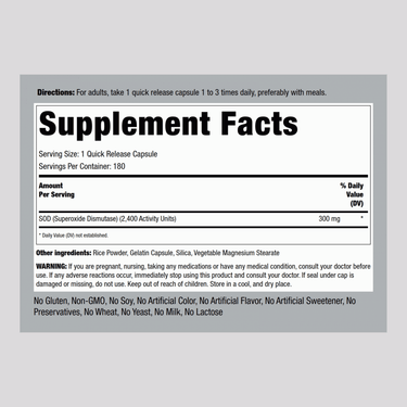 SOD Superoxide Dismutase 2400 Units, 300 mg, 180 Quick Release Capsules