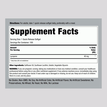 Displays supplement facts for Lycopene 40 mg Softgels, bottle contains 100 softgels.