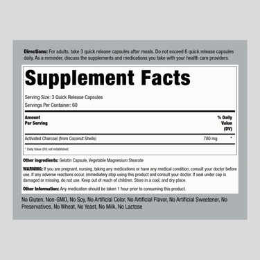 Supplement Facts panel displaying details for Activated Charcoal 780 mg capsules, in a bottle containing 180 capsules.