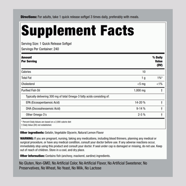 Omega-3 Fish Oil Lemon Flavor, 1000 mg, 240 Quick Release Softgels