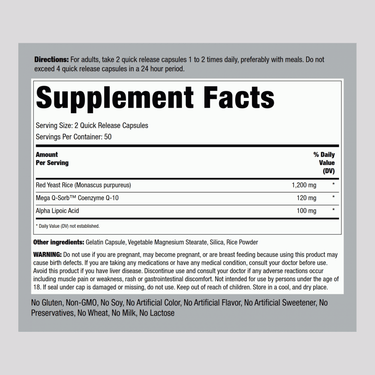 Supplement Facts panel for CoQ10 with Red Yeast Rice 100 capsules.